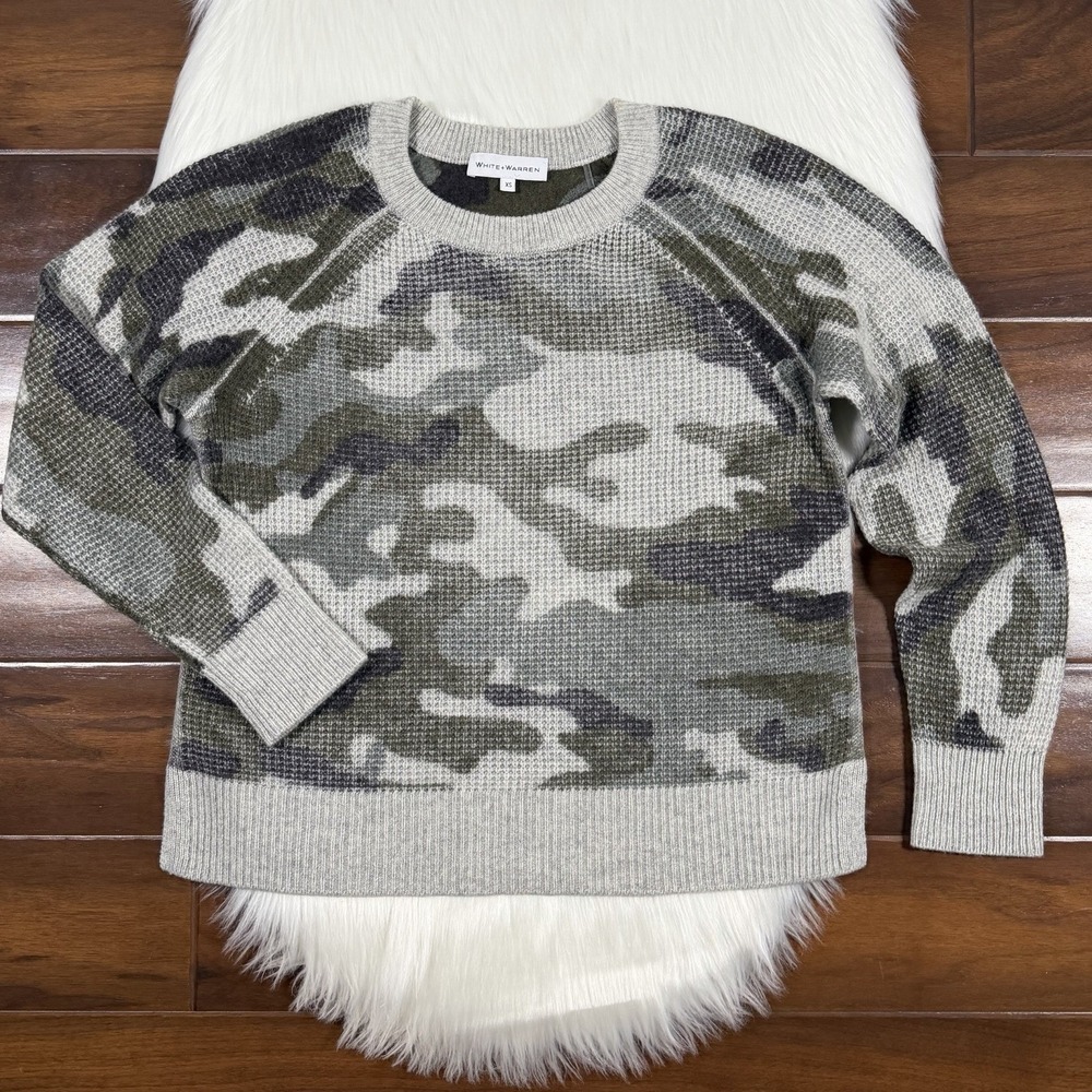 White + Warrenβ Women's Size XS Camo 100% Cashmere Thermal Knit Sweater Top